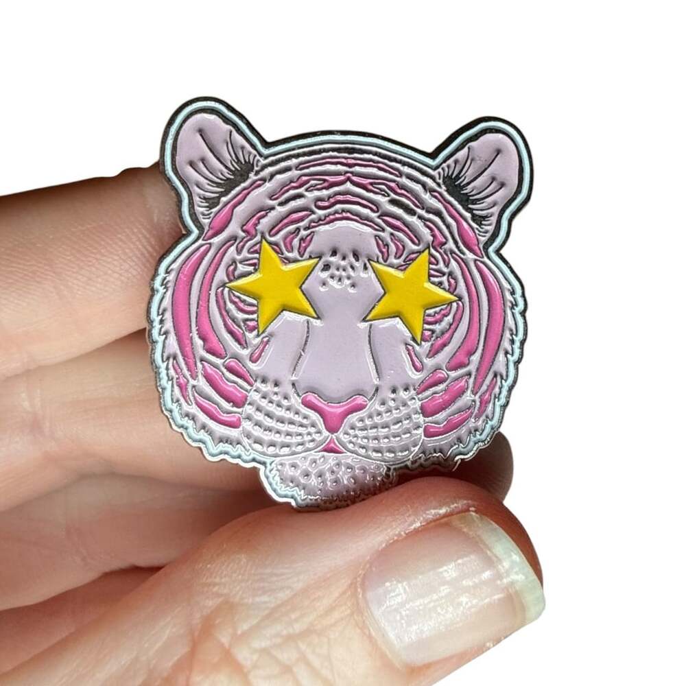 Pink Tiger Enamel Lapel Pin with Yellow Star Eyes